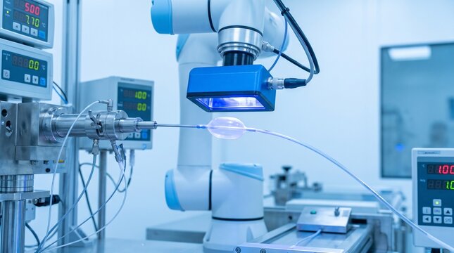 A high-precision medical catheter manufacturing process. A robotic arm is precisely bonding a balloon tip to a thin catheter tube using ultraviolet light in a sterile