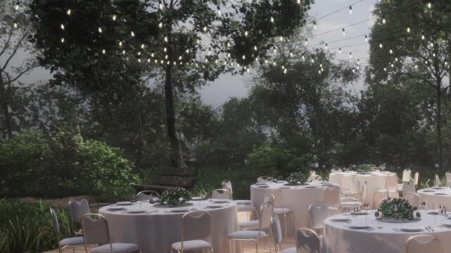 Tables are arranged in an outdoor garden setting for a gathering. String lights hang above the area. Surrounding trees and greenery are visible in the background during the evening.