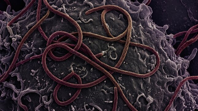 Scanning Electron Micrograph of Ebola Virus Particles on a Host Cell