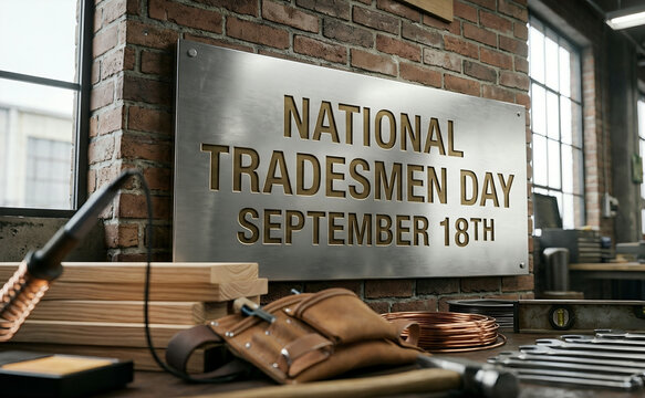 National Tradesmen Day Metallic Sign in Workshop with Tools