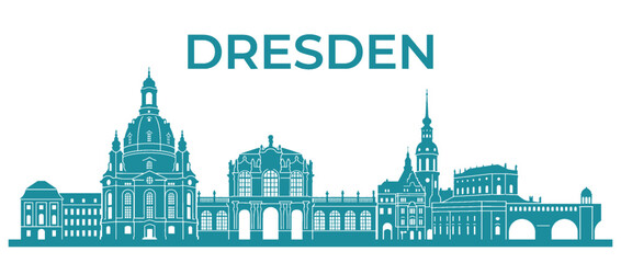 Obraz premium Dresden Germany City Skyline Silhouette Vector Illustration featuring Frauenkirche Zwinger and Semperoper Landmarks isolated on White