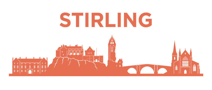 Stirling Scotland City Skyline Silhouette with Stirling Castle Wallace Monument and Old Bridge Vector Illustration Isolated on White Background
