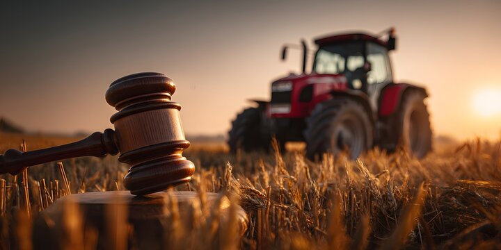 Wooden judge gavel resting in golden wheat field with red tractor at sunset symbolizing agricultural law