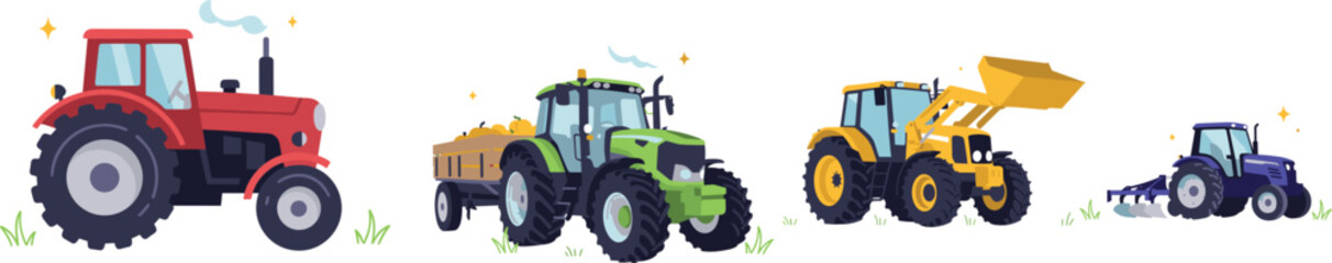 Agricultural Farm Tractor and Heavy Machinery Vector Set with Diverse Vehicles, Trailers, and Loaders for Farming, Cultivation, Agribusiness, and Rural Graphic Designs © Tiyan