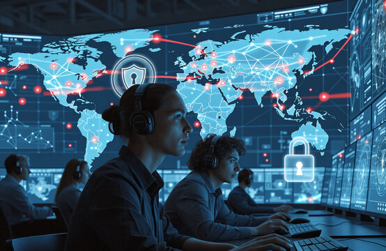 Security analysts monitoring a global cyber threat map