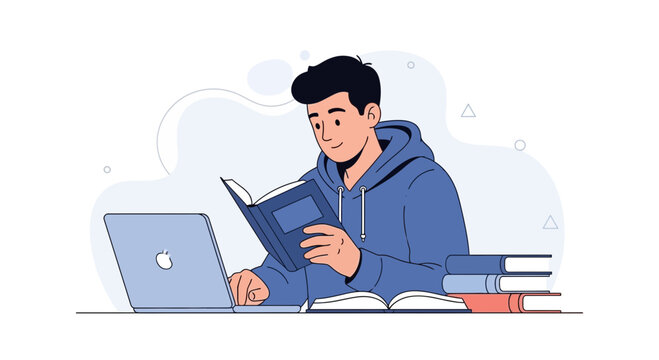 Young student studying with laptop and books, modern flat illustration
