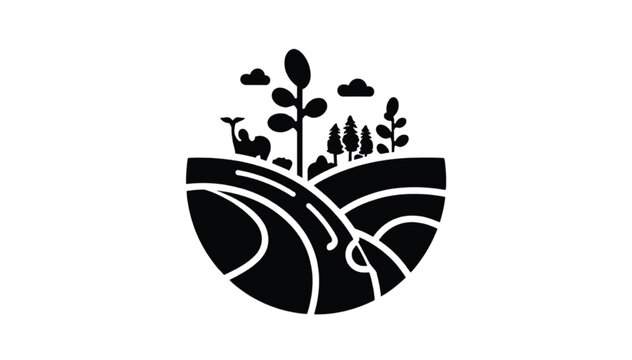 Landscape featuring rolling hills and trees inside a circular emblem designed as a simple monochrome icon for agricultural themes.