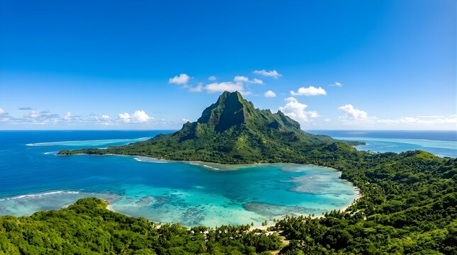 Tropical island landscape with Otemanu mountain and blue lagoon in Bora Bora