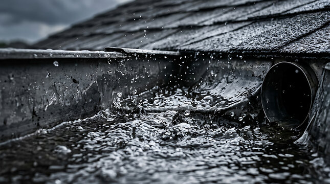 close-up shot of rainwater flowing over a dark roof gutter with water droplets splashing and roof shingles in the background