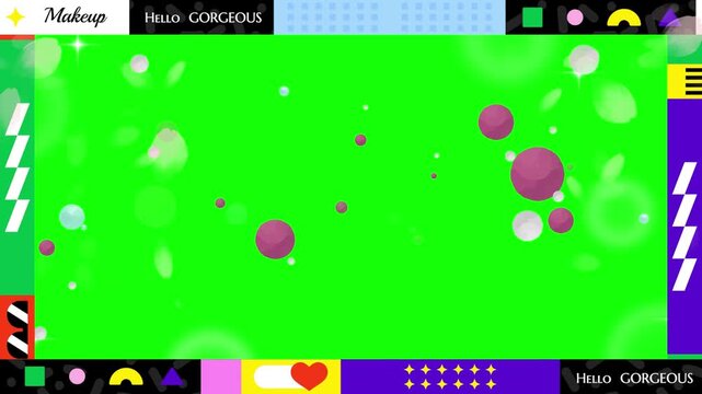 Graphic background displays a vibrant green screen area surrounded by colorful geometric shapes, playful makeup icons, and sparkling bokeh light effects to create a modern and stylish composition.