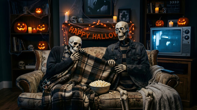 Funny Skeletons watching horror movie in halloween decorated house in realistic style