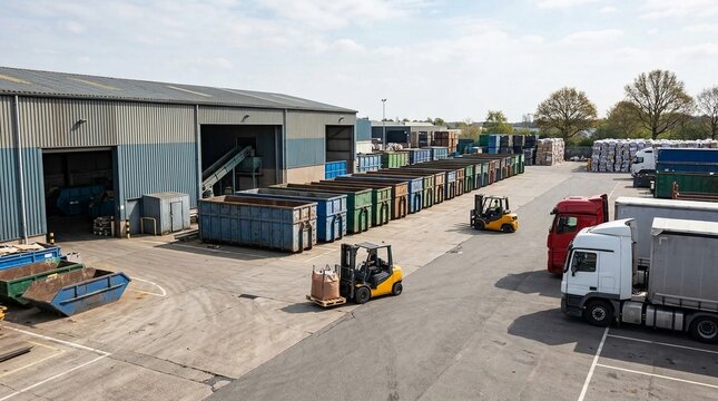Busy industrial waste processing facility with forklifts and containers under a clear sky