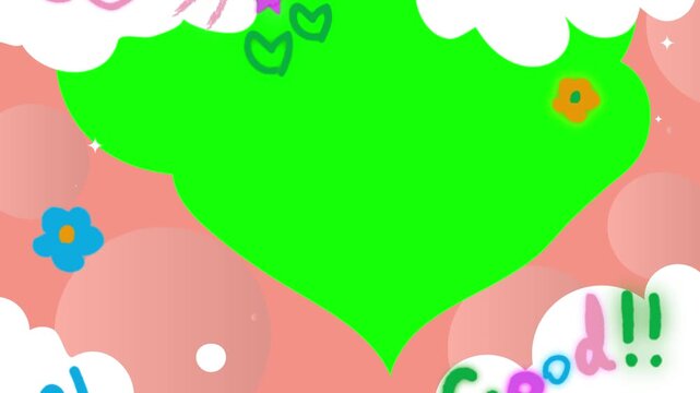Heart shape graphic features playful pink clouds and hand drawn floral patterns surrounding a bright green center panel designed to accommodate custom text overlays for various digital media projects.