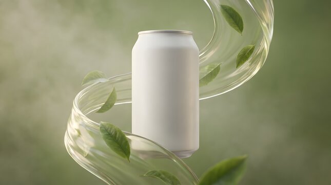 Blank white aluminum beverage can mockup surrounded by flowing clear green liquid and tea leaves
