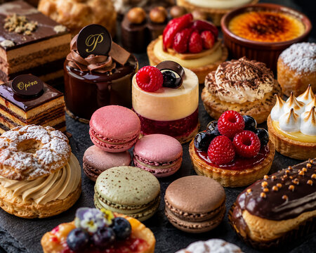 Gourmet dessert collection, featuring delicate macarons, rich chocolate cakes, vibrant fruit tarts, creamy custards, and elegant pastries for sweet indulgence