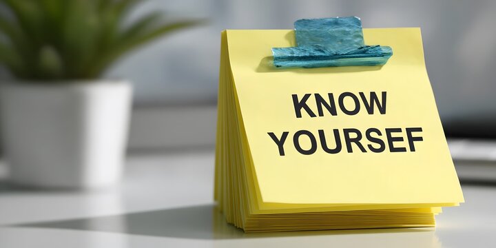 Yellow sticky note with know yourself message on white office desk