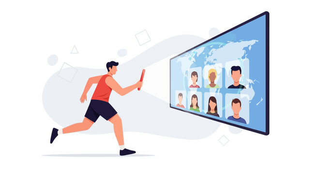 Teamwork and Connection: Runner passes baton to virtual team on world map screen, representing global collaboration and remote work.
