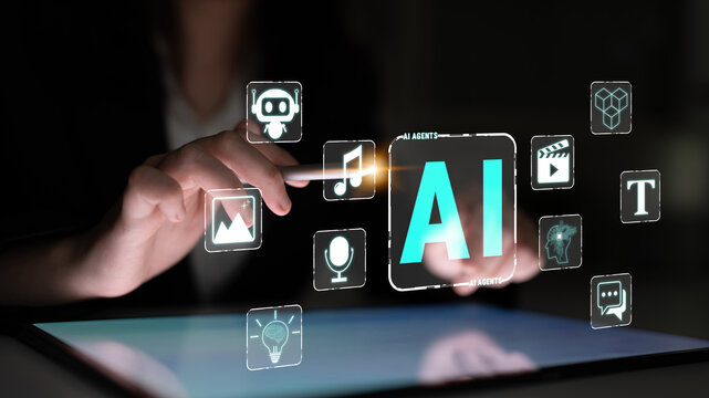 Hands interacting with digital interface displaying artificial intelligence icons, showcasing technology innovation and futuristic exploration in modern workspaces. Quark.