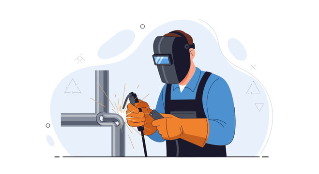 Welder wearing protective gear, sparks flying as they join metal pipes with a welding torch. Flat illustration style, concept of construction and industry.