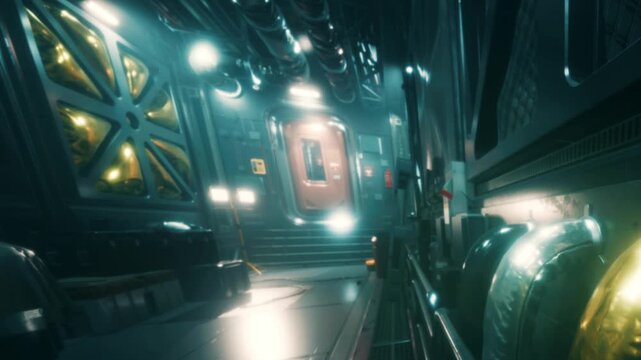 A person walks down a narrow hallway in a futuristic space station. Bright lights and metallic surfaces surround them. The atmosphere feels advanced and high tech as they explore the area.