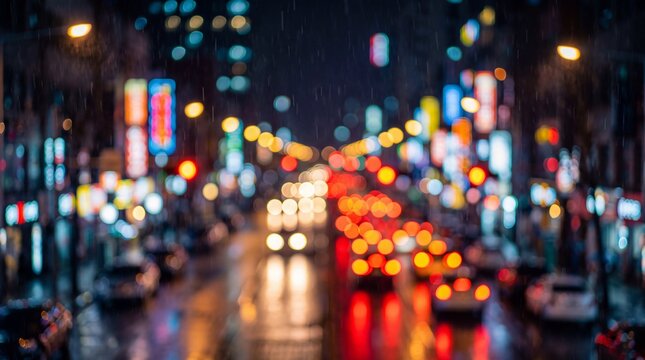 Blurred city street at night with vibrant bokeh lights from cars and buildings reflecting on a wet road.