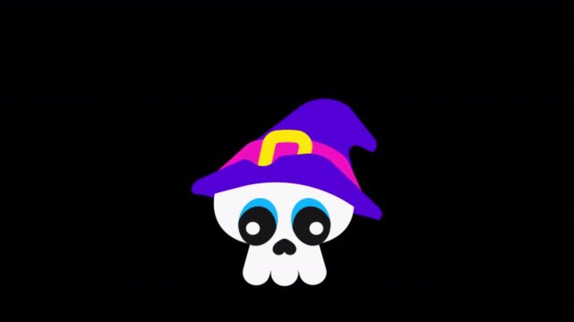 Cute spooky skull wearing a purple witch hat with colorful Halloween styling on transparent background.