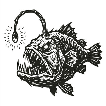 Black and white line art illustration of a deep-sea anglerfish with sharp teeth, large eyes, textured scales, fins, and a glowing bioluminescent lure attached to an esca on its head.