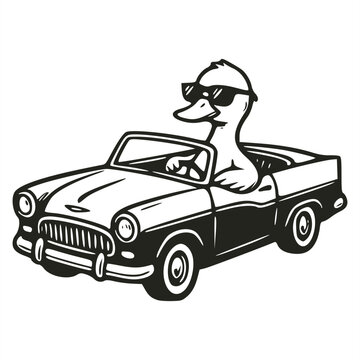 Black and white line art illustration of a cool duck wearing dark sunglasses and driving an open-top vintage convertible car, featuring a retro linocut graphic style on a plain background.