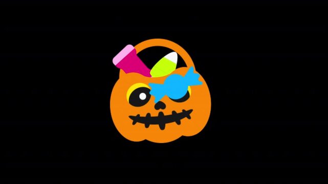 Colorful carved Halloween pumpkin with playful facial details and spooky accessories on transparent background.