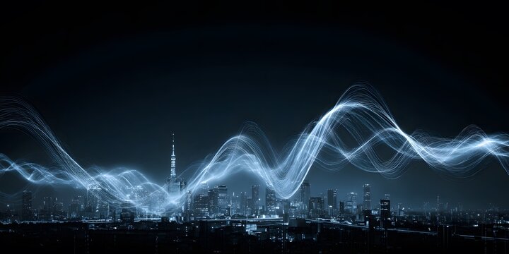 Glowing blue waveforms ripple across a dark futuristic city skyline at night.