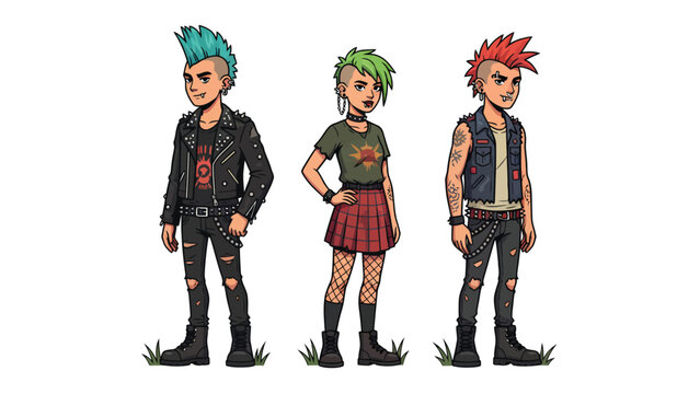 Three punk rock characters with mohawk hairstyles and rebellious fashion standing together.