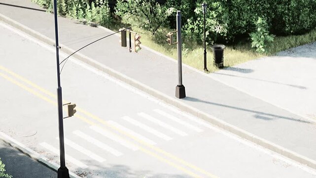 A street scene shows traffic signals on a city road. There are trees and a litter bin in the surroundings. The view emphasizes the urban environment during the day.