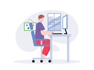 Fototapeta premium A male employee sits at a desk with proper ergonomic posture while working on a computer. Habits illustrations. Flat vector concepts.