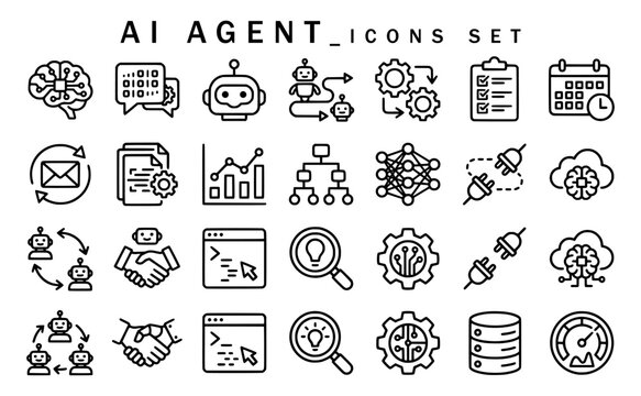 AI agent icons set displaying neural networks, brain processing, chatbot interaction, task scheduling, system integration, database connectivity, and automated workflow line art.