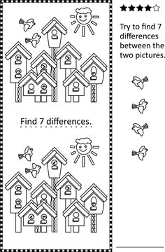 Difference game with birds and birdhouses. Try to find seven differences between the two pictures. Spot 7 differences!
