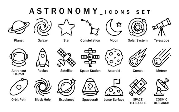 Astronomy icons set with text labels featuring planet, galaxy, star, constellation, moon, solar system, telescope, astronaut helmet, rocket, satellite, asteroid, comet, and meteor line art.