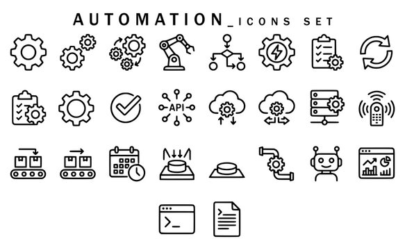 Automation icons set showing gears, robotic arms, flowcharts, API integration, cloud processing, server data, conveyor belts, calendar schedule, chatbot, interface windows, and code line art.