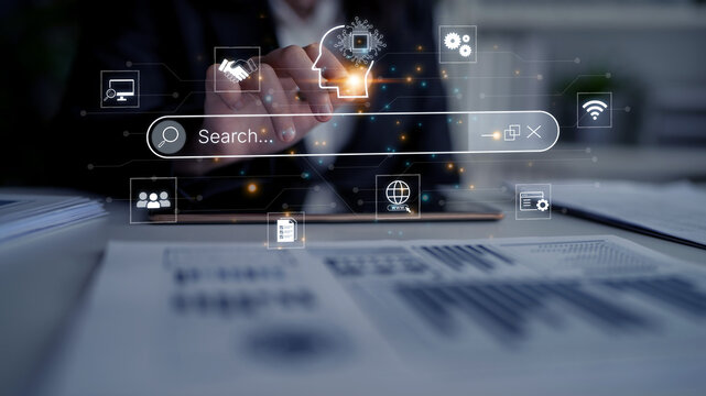 Artificial intelligence AI search concept enabling smarter discovery, recommendations to digital services and knowledge. Generative AI search engine algorithm provide user intent result. Corpus