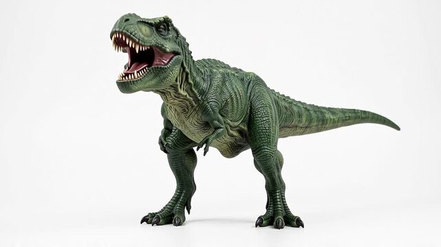 Green tyrannosaurus rex dinosaur model roaring against a bright studio background