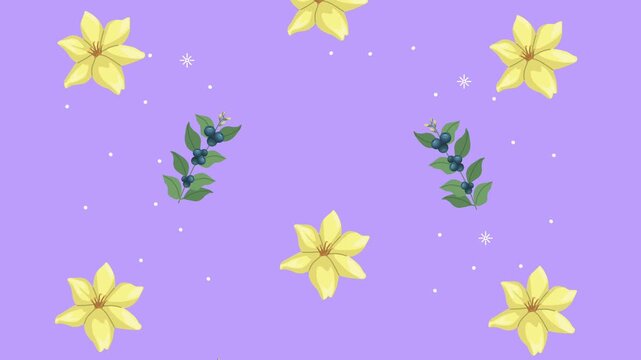 Animated floral pattern with yellow flowers and blue berries falling on purple background in motion.