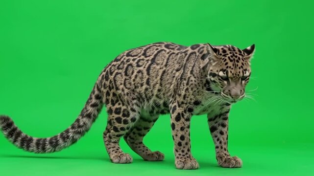 Clouded Leopard Stands on Solid Green Screen Background Looking Around