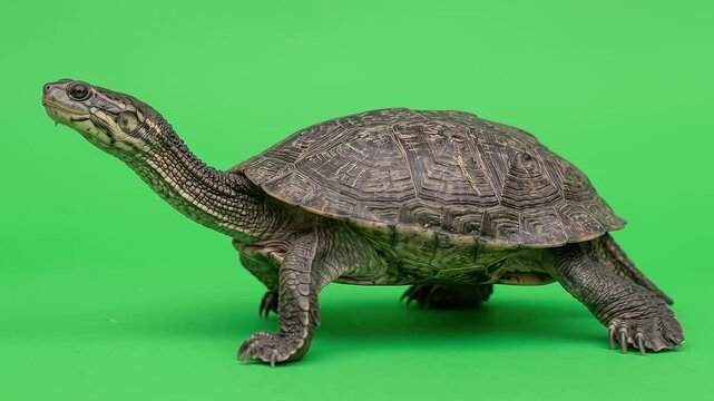Long neck turtle walking across chroma key background in studio