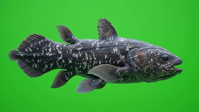 Prehistoric coelacanth swimming against solid green chroma key background