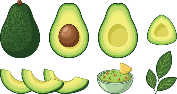Avocados and Guacamole Illustration with Chips and Leaves Featuring Avocado