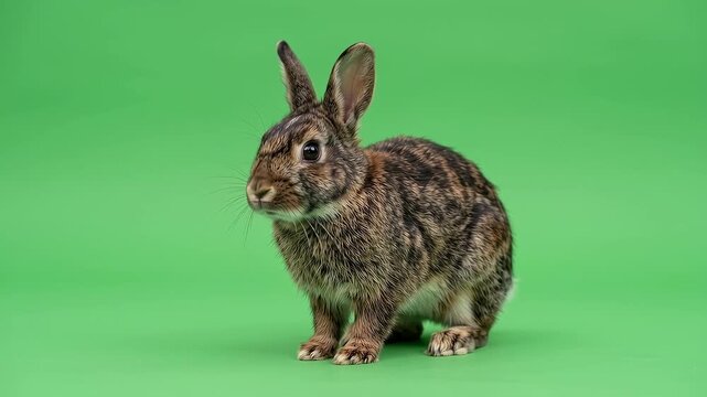 Brown wild rabbit running and hopping across a bright chroma key studio background