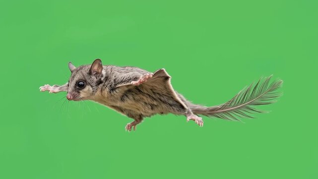 Cute flying squirrel gliding through air on chroma key background