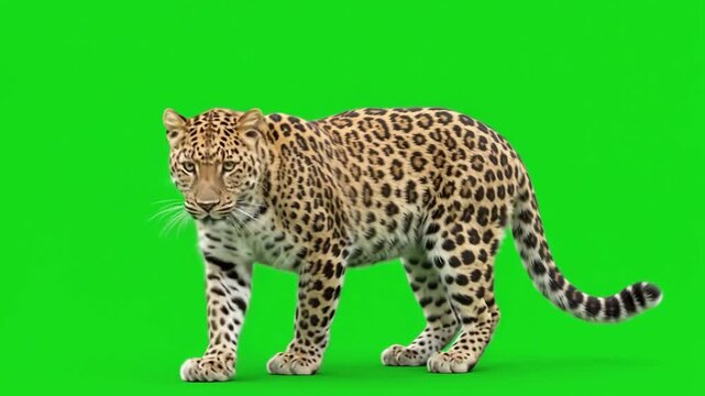 Wild leopard running across a bright solid chroma key background