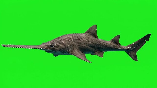 Sawfish Swimming Against Solid Green Chroma Key Background