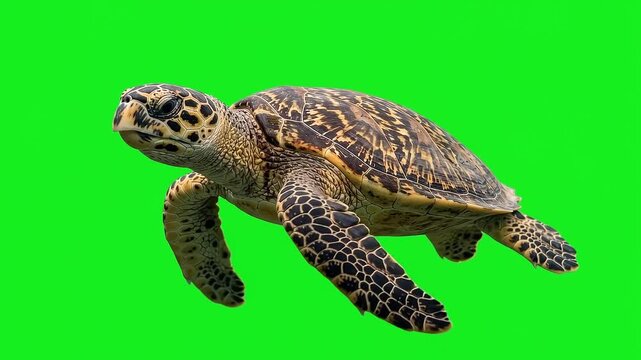Sea Turtle Swimming Floating Isolated on Green Screen Chroma Key Background