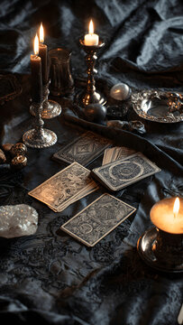Photorealistic Halloween Tarot Cards with Crystals and Candles on Dark Cloth